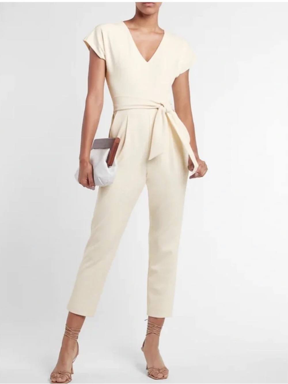 Express Cream V-Neck Tie-Waist Jumpsuit